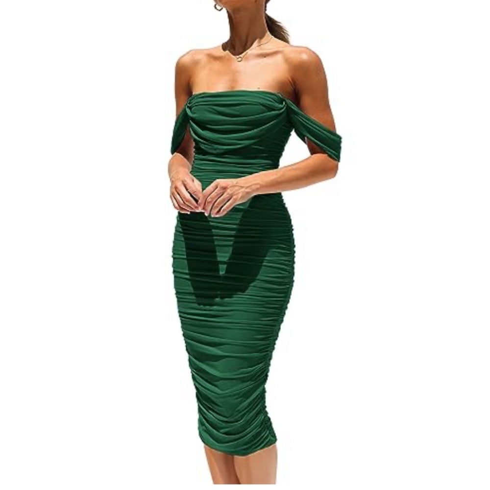Off-Shoulder Ruched Midi Dress in Green